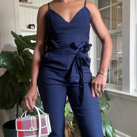 Windsor Navy Blue Spaghetti Strap Back Zip Sleeveless Jogger Style Jumpsuit - Picture 15 of 15